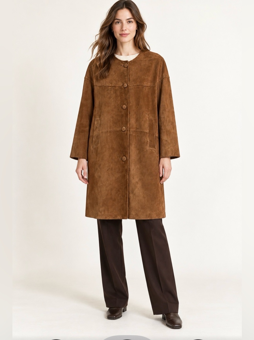 Reed Sportswear Women’s Brown Suede Long Coat Collarless Button Front Vintage